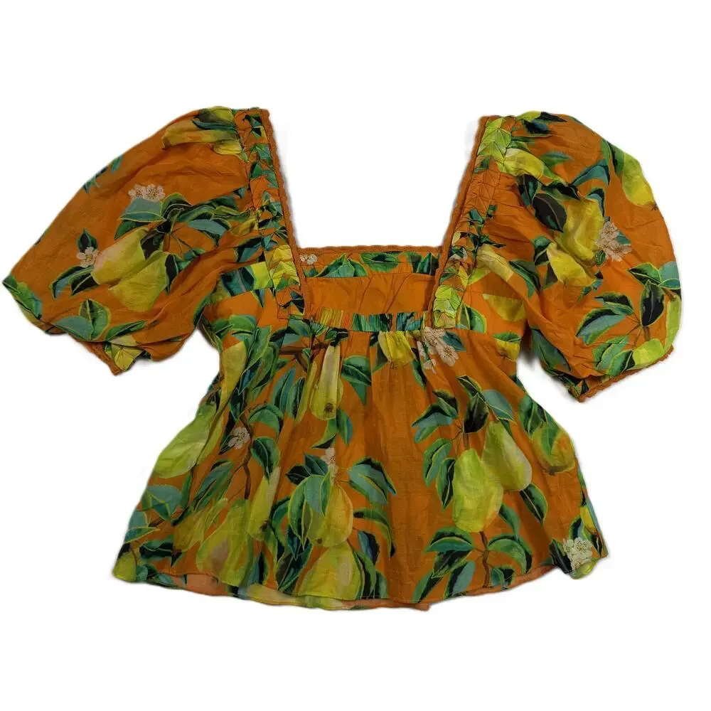 Anthropologie Farm Rio Orange Pears Short puff Sleeve Blouse square neck Sz XS